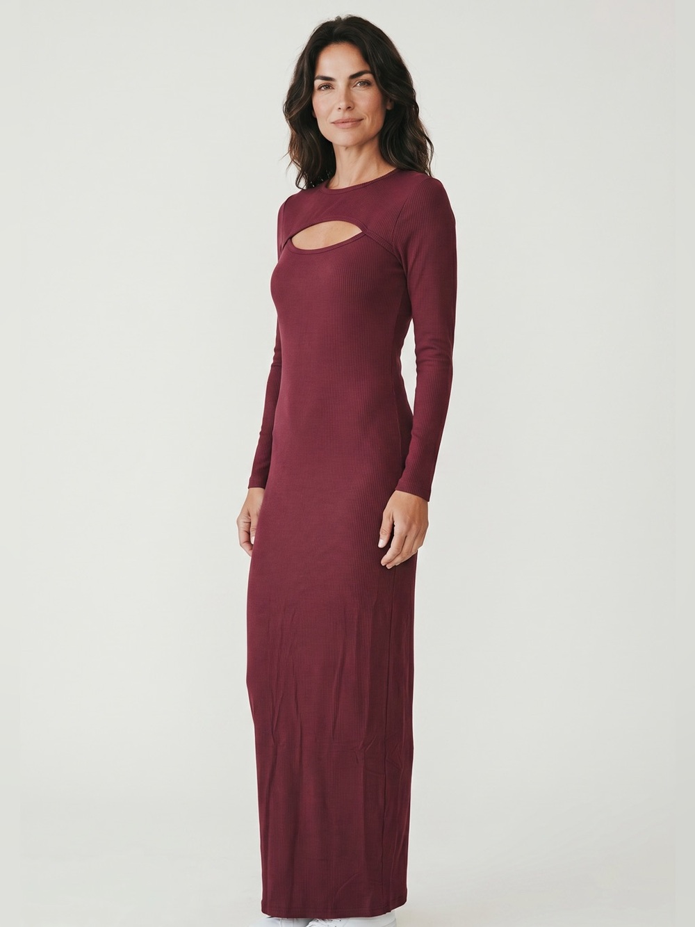 Long Sleeve Cutout Maxi Dress in Burgundy New Size M